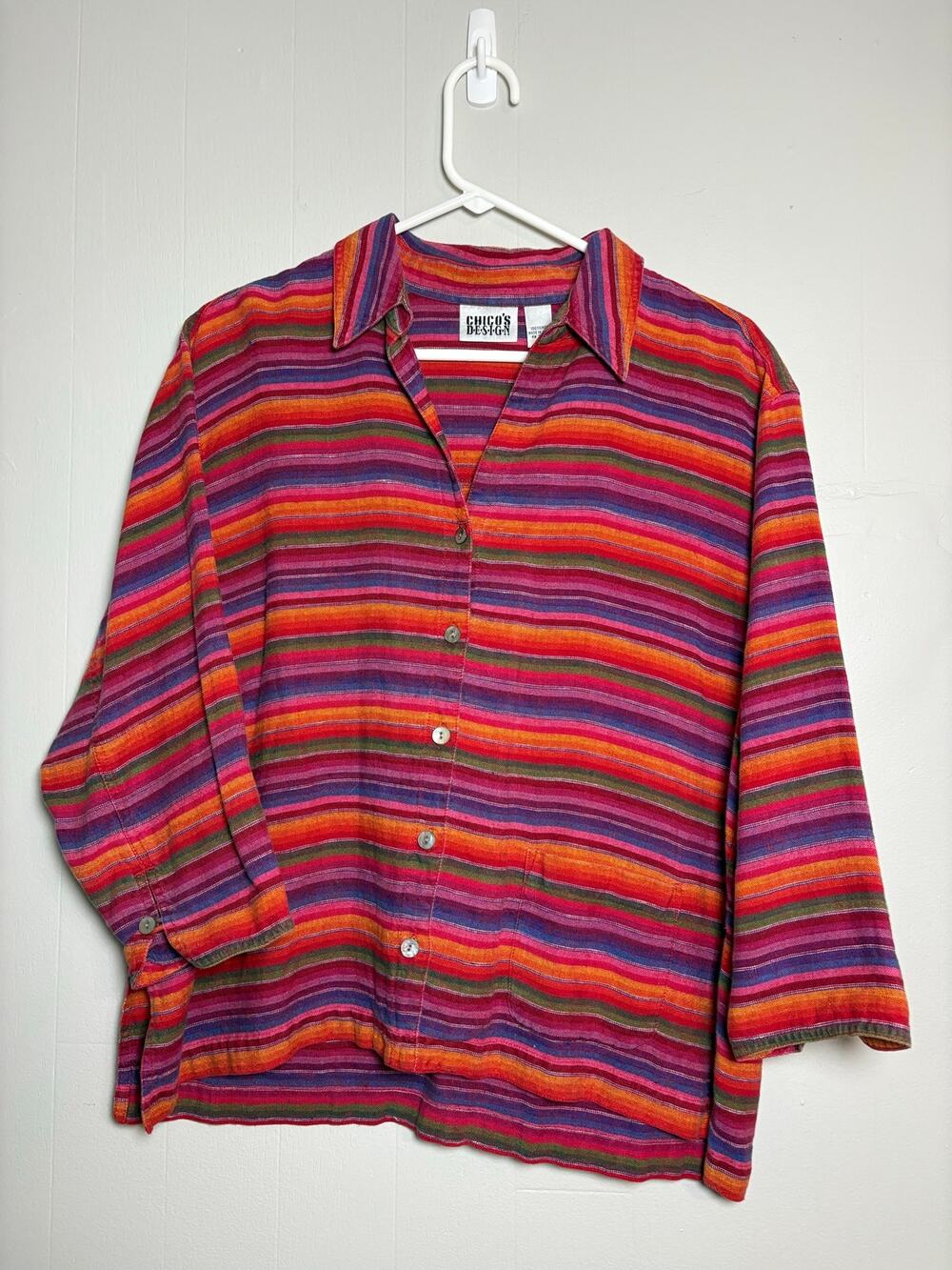 Chico's Design Vintage V Neck Button Front Size 2 100% Rainbow Linen Blouse